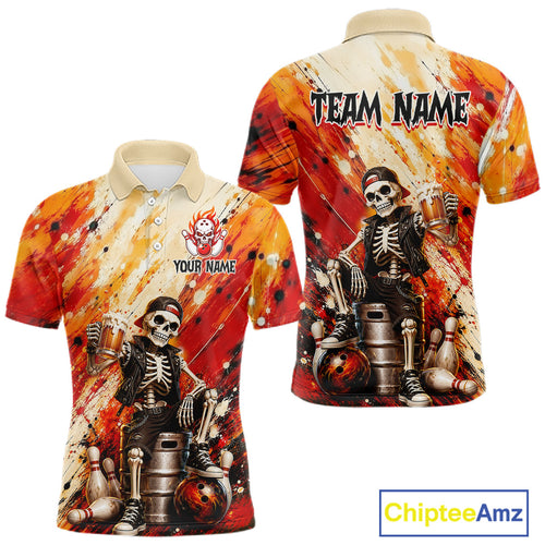 Orange Skeleton & Beer Bowling Shirt Custom Bowling League Jersey Polo & Quarter-Zip