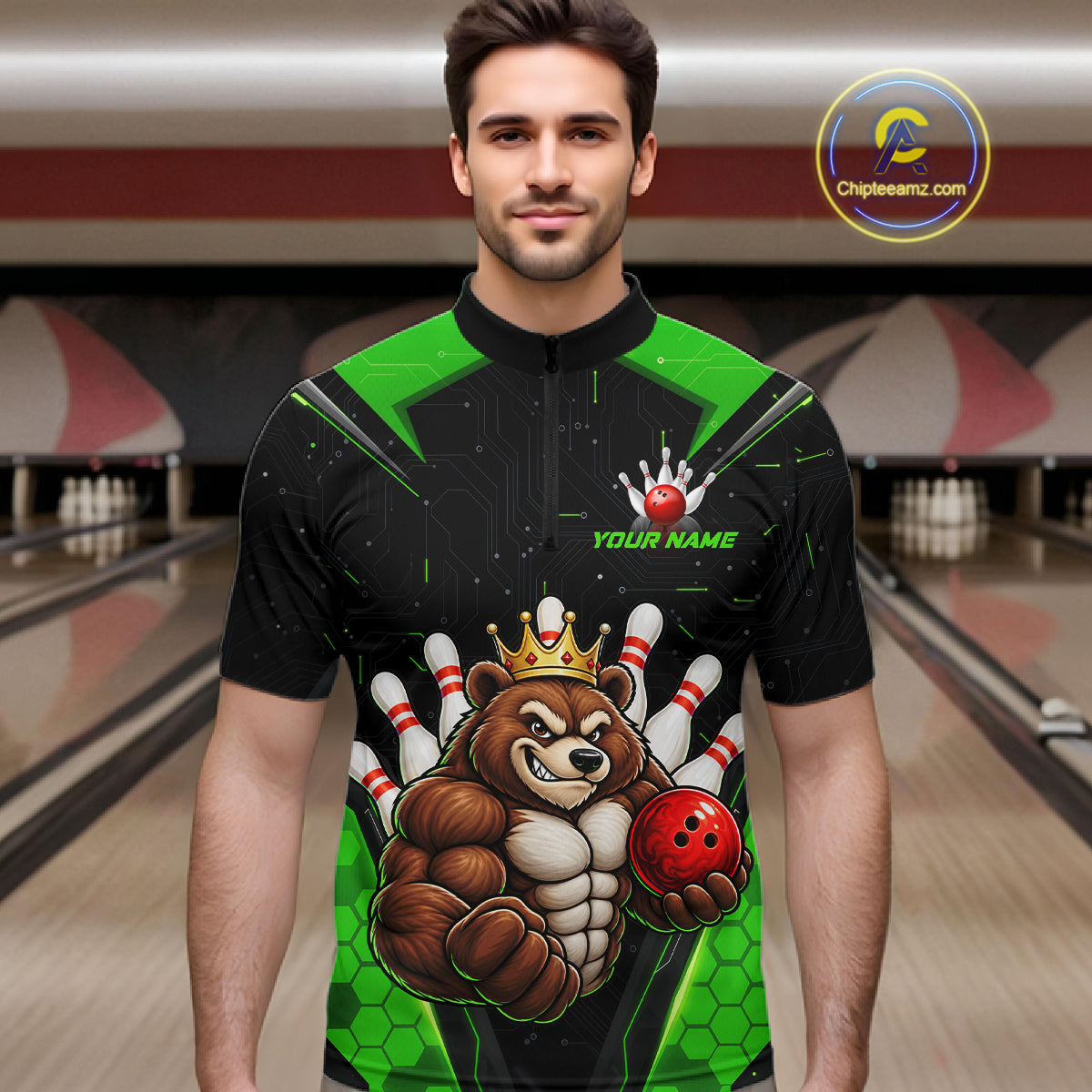 Custom Green Funny Bear Bowling Shirt Bowling Team Jersey Bowler Gift