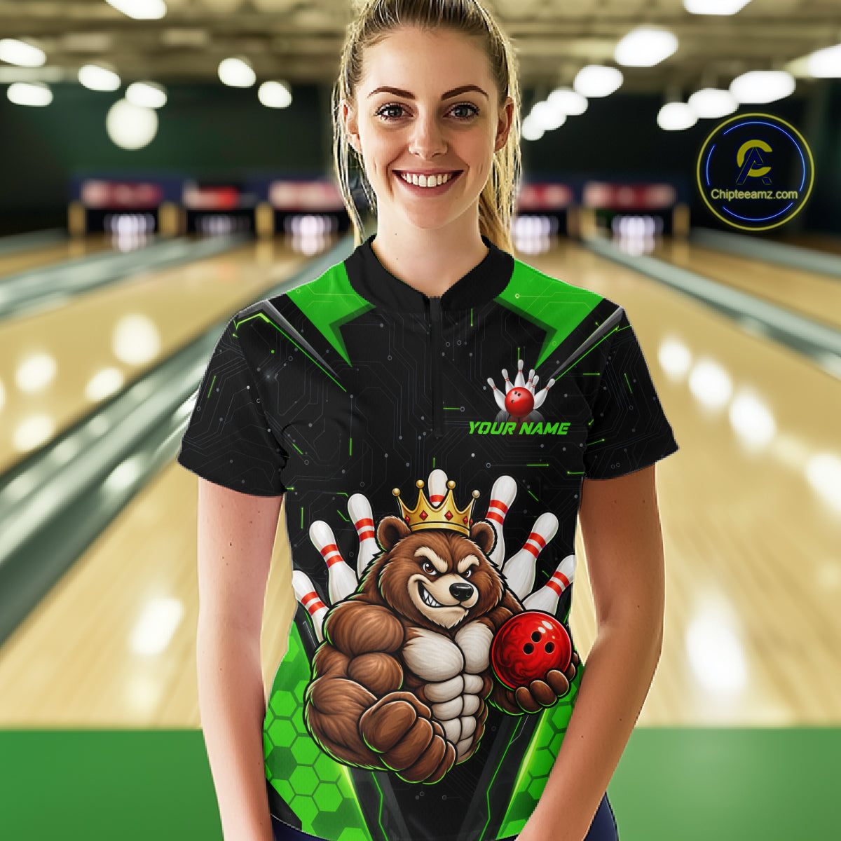 Custom Green Funny Bear Bowling Shirt Bowling Team Jersey Bowler Gift