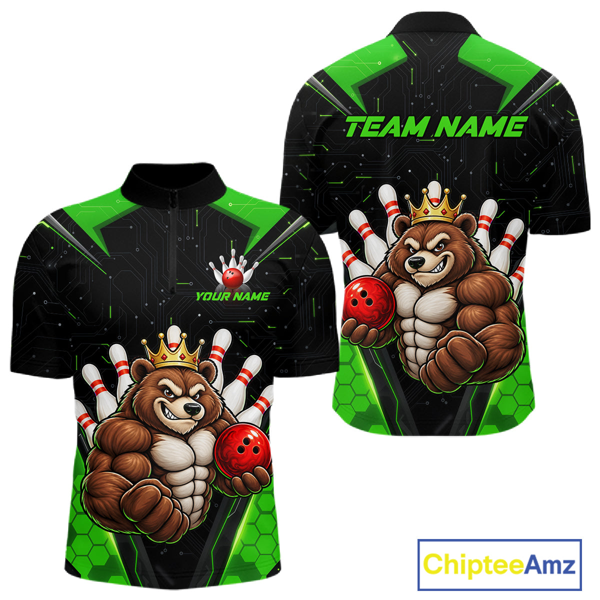 Custom Green Funny Bear Bowling Shirt Bowling Team Jersey Bowler Gift