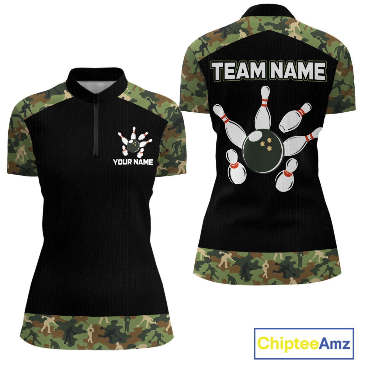 Custom Camouflage Bowling Shirt Bowling Team Jersey Polo & Quarter-Zip