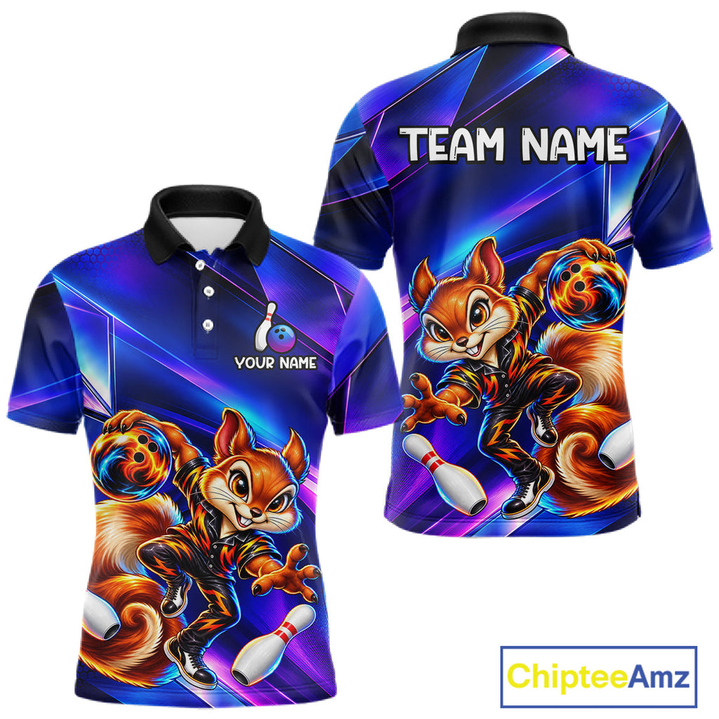 Funny Squirrel Bowling Shirt Custom Neon Blue Bowling Jersey Polo & 1/4-Zip