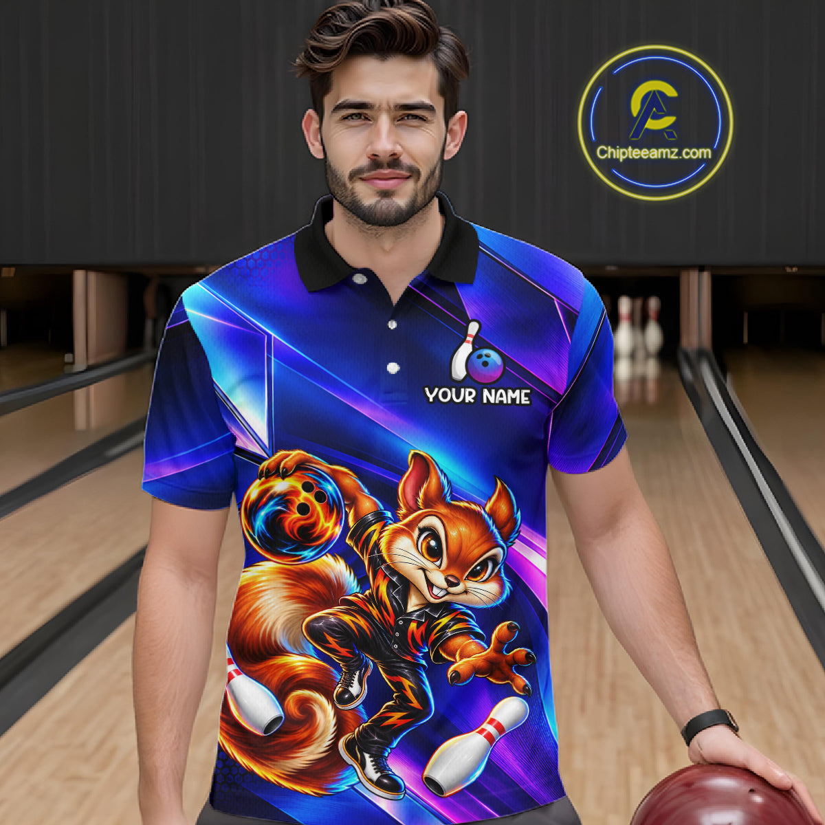 Funny Squirrel Bowling Shirt Custom Neon Blue Bowling Jersey Polo & 1/4-Zip