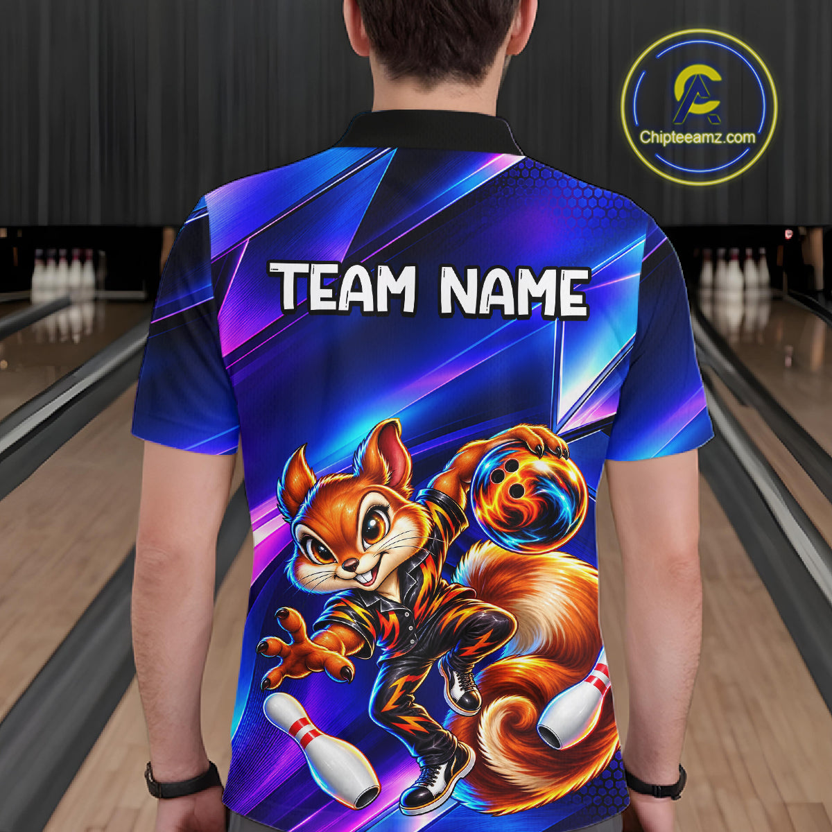 Funny Squirrel Bowling Shirt Custom Neon Blue Bowling Jersey Polo & 1/4-Zip