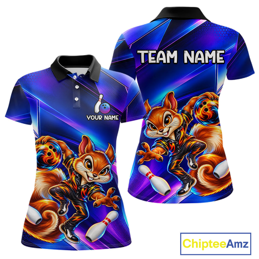 Funny Squirrel Bowling Shirt Custom Neon Blue Bowling Jersey Polo & 1/4-Zip