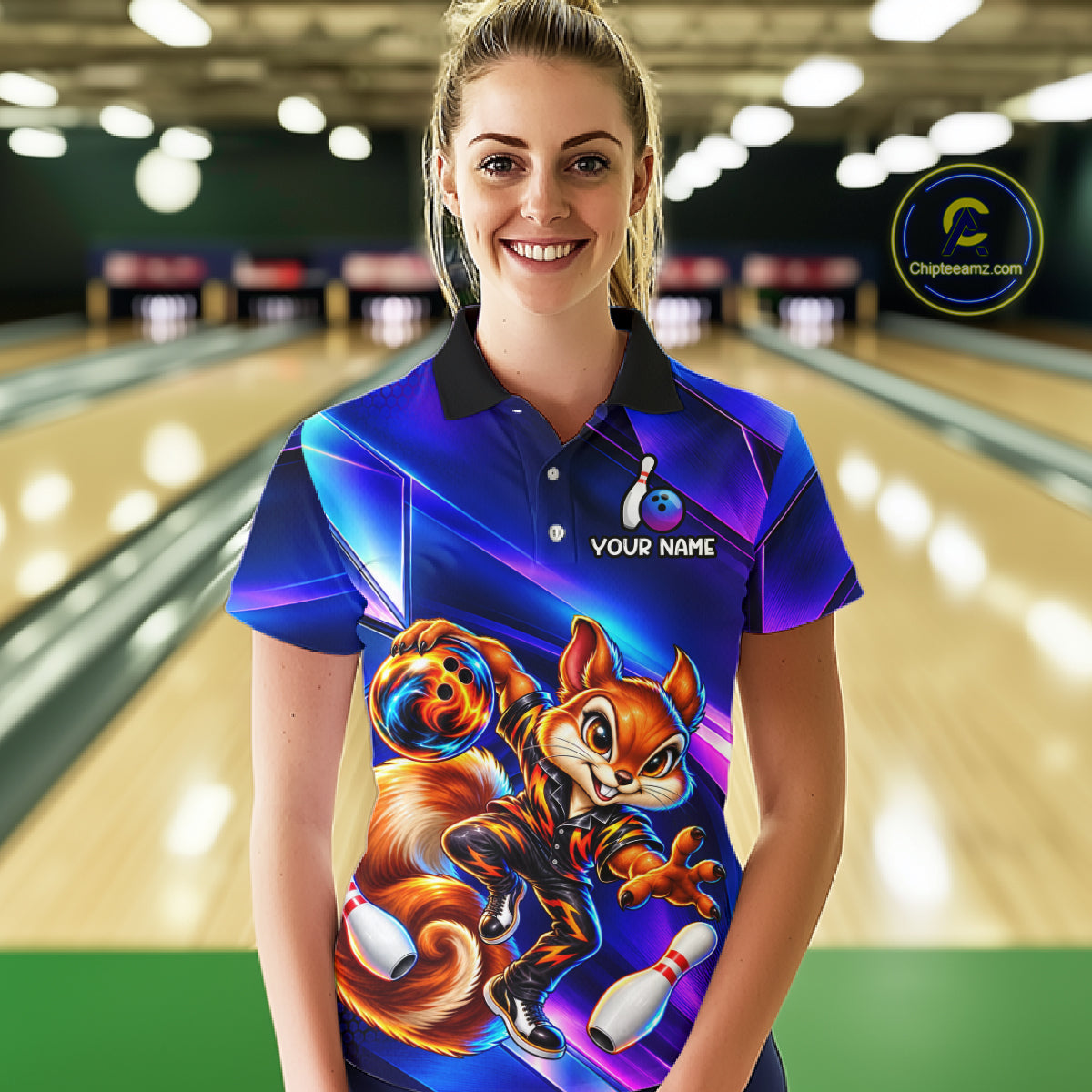 Funny Squirrel Bowling Shirt Custom Neon Blue Bowling Jersey Polo & 1/4-Zip