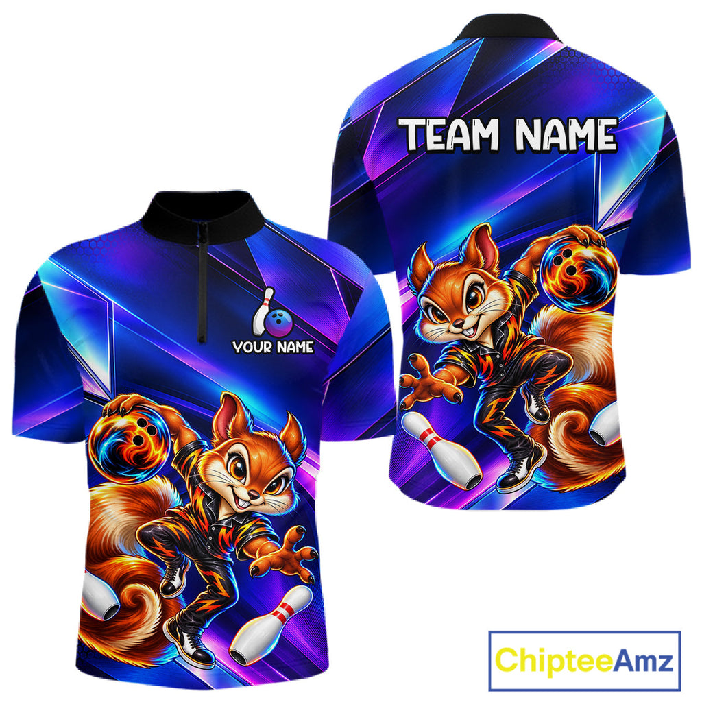 Funny Squirrel Bowling Shirt Custom Neon Blue Bowling Jersey Polo & 1/4-Zip