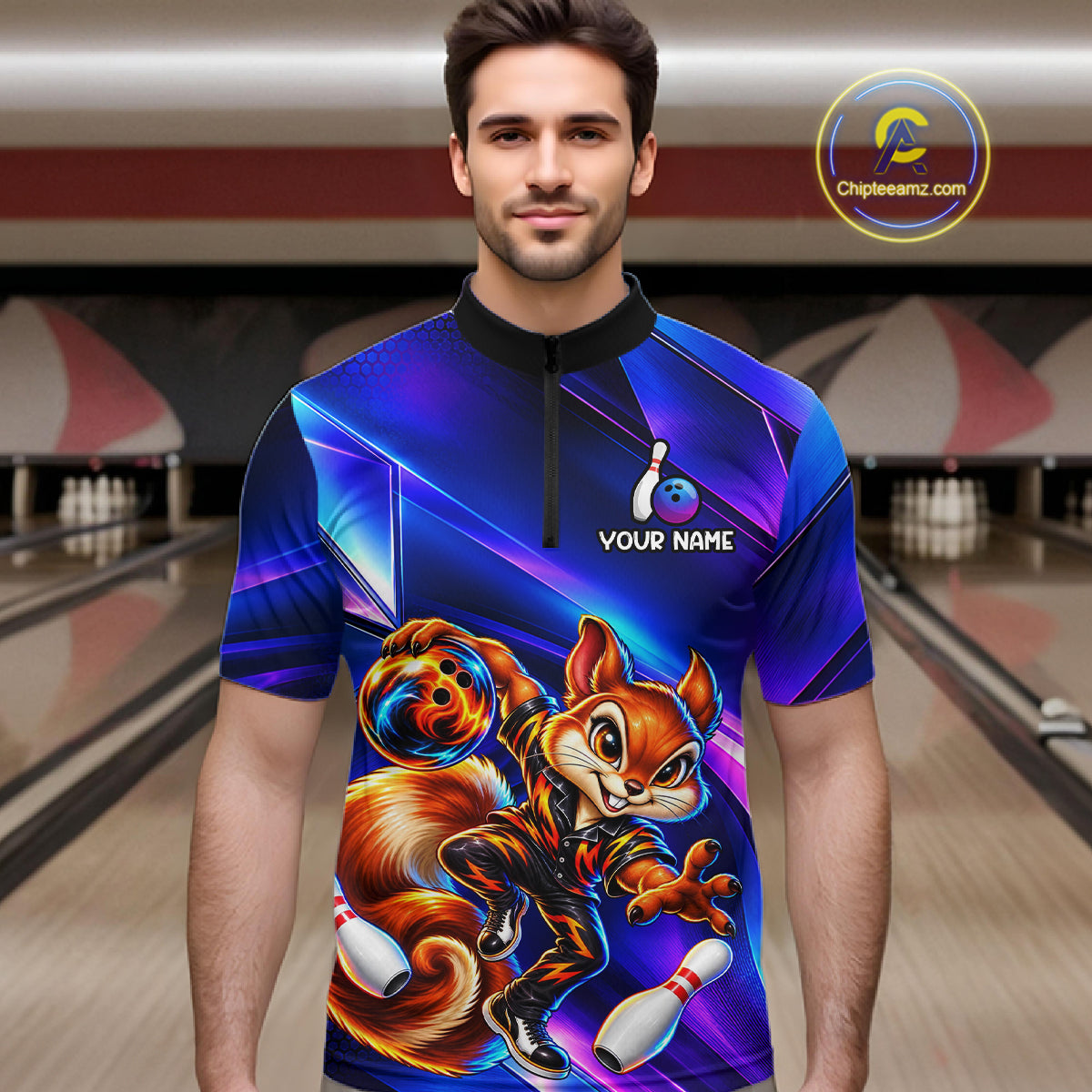 Funny Squirrel Bowling Shirt Custom Neon Blue Bowling Jersey Polo & 1/4-Zip