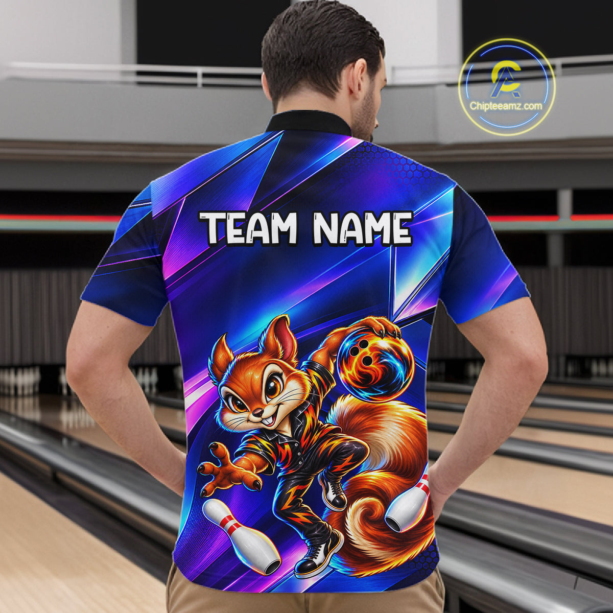 Funny Squirrel Bowling Shirt Custom Neon Blue Bowling Jersey Polo & 1/4-Zip