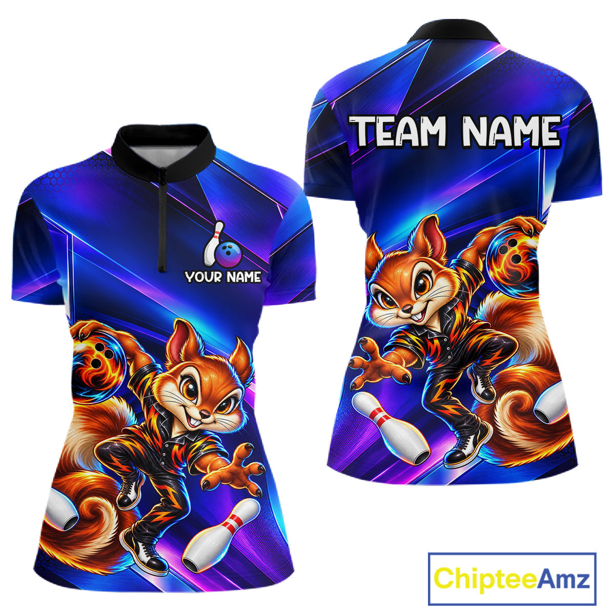 Funny Squirrel Bowling Shirt Custom Neon Blue Bowling Jersey Polo & 1/4-Zip