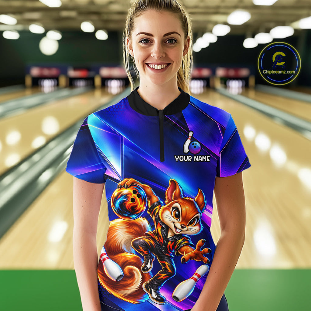Funny Squirrel Bowling Shirt Custom Neon Blue Bowling Jersey Polo & 1/4-Zip