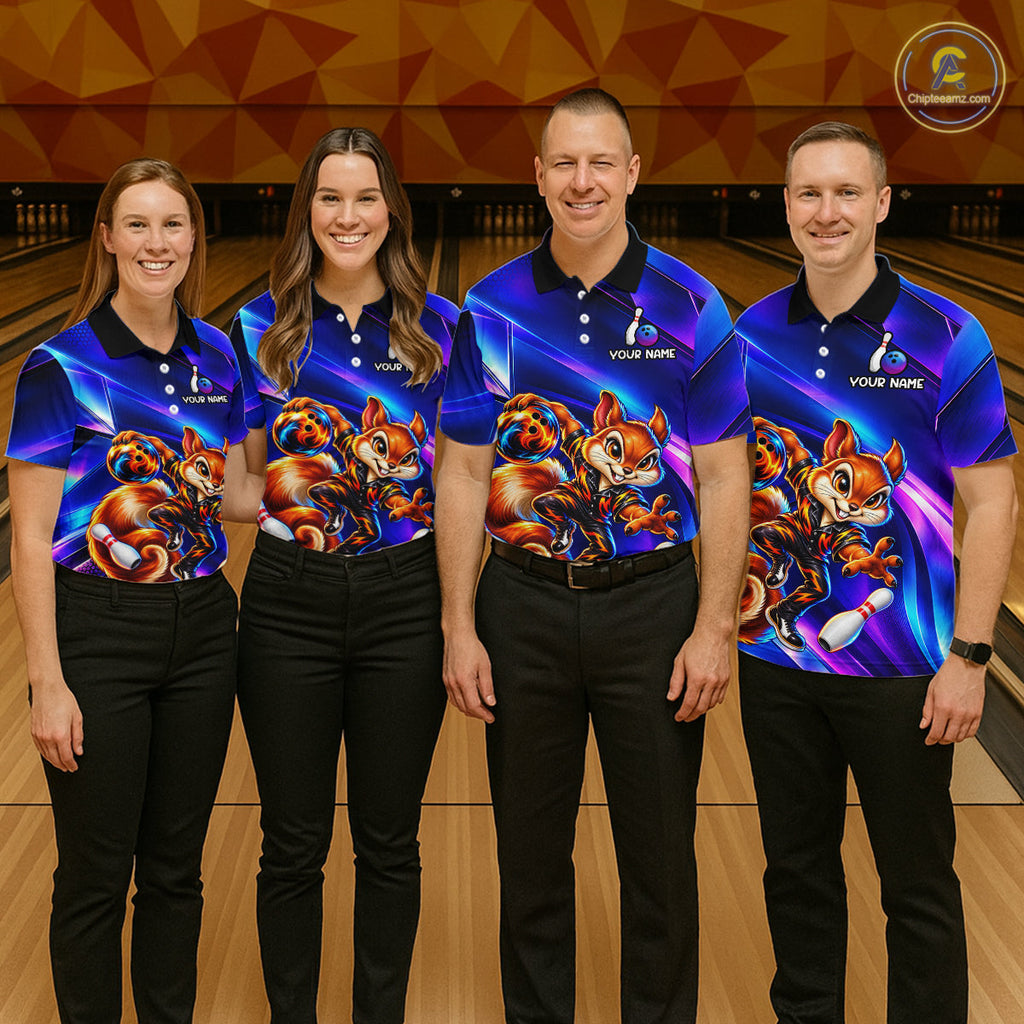 Funny Squirrel Bowling Shirt Custom Neon Blue Bowling Jersey Polo & 1/4-Zip