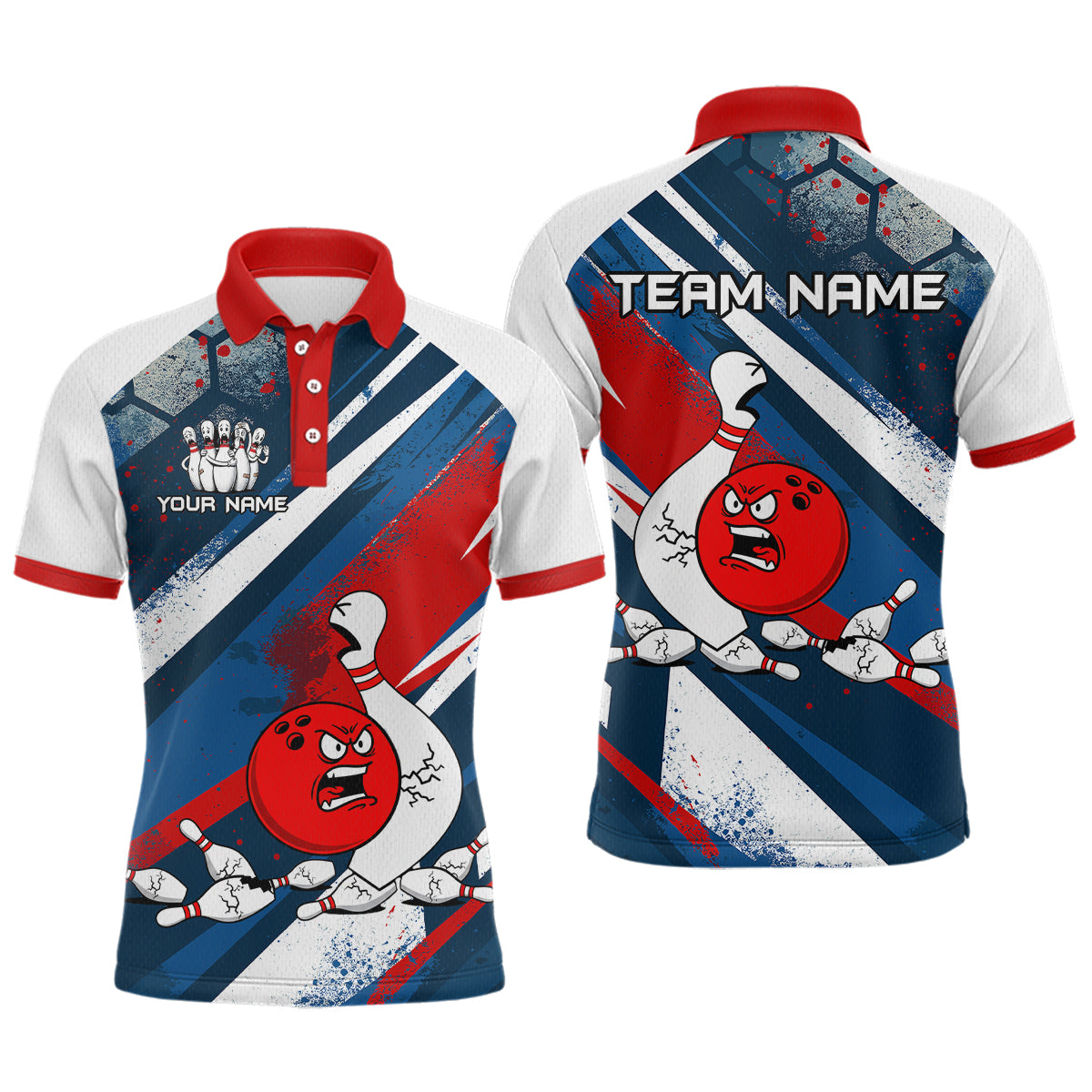 Red Blue & White Crazy Bowling Ball Pin Bowling Team Shirt Bowling League Jersey