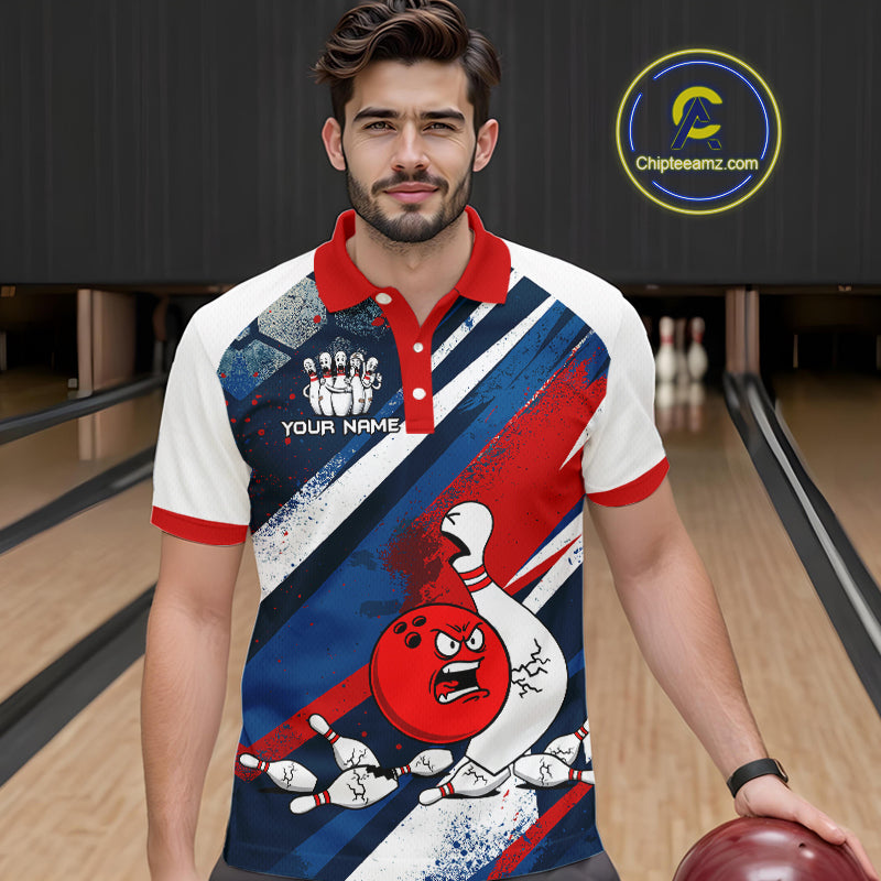 Red Blue & White Crazy Bowling Ball Pin Bowling Team Shirt Bowling League Jersey