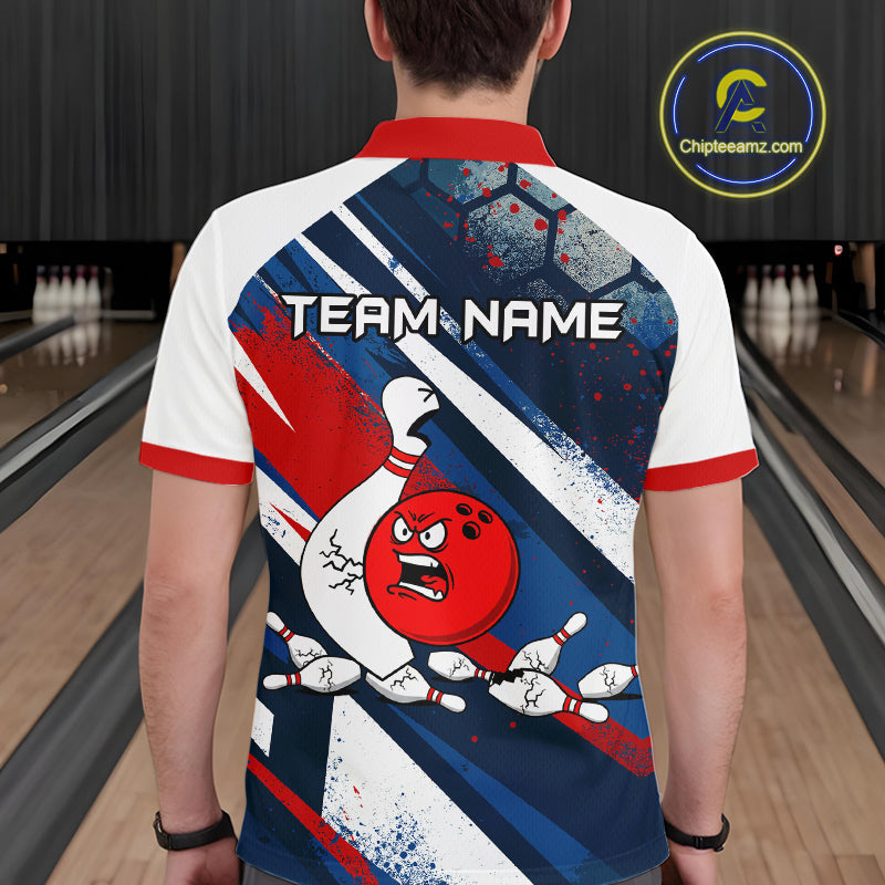 Red Blue & White Crazy Bowling Ball Pin Bowling Team Shirt Bowling League Jersey