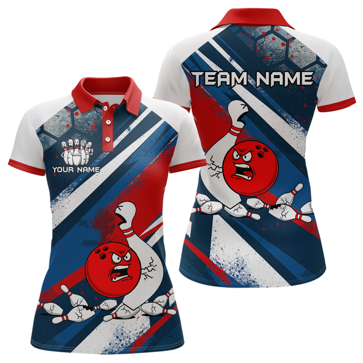 Red Blue & White Crazy Bowling Ball Pin Bowling Team Shirt Bowling League Jersey