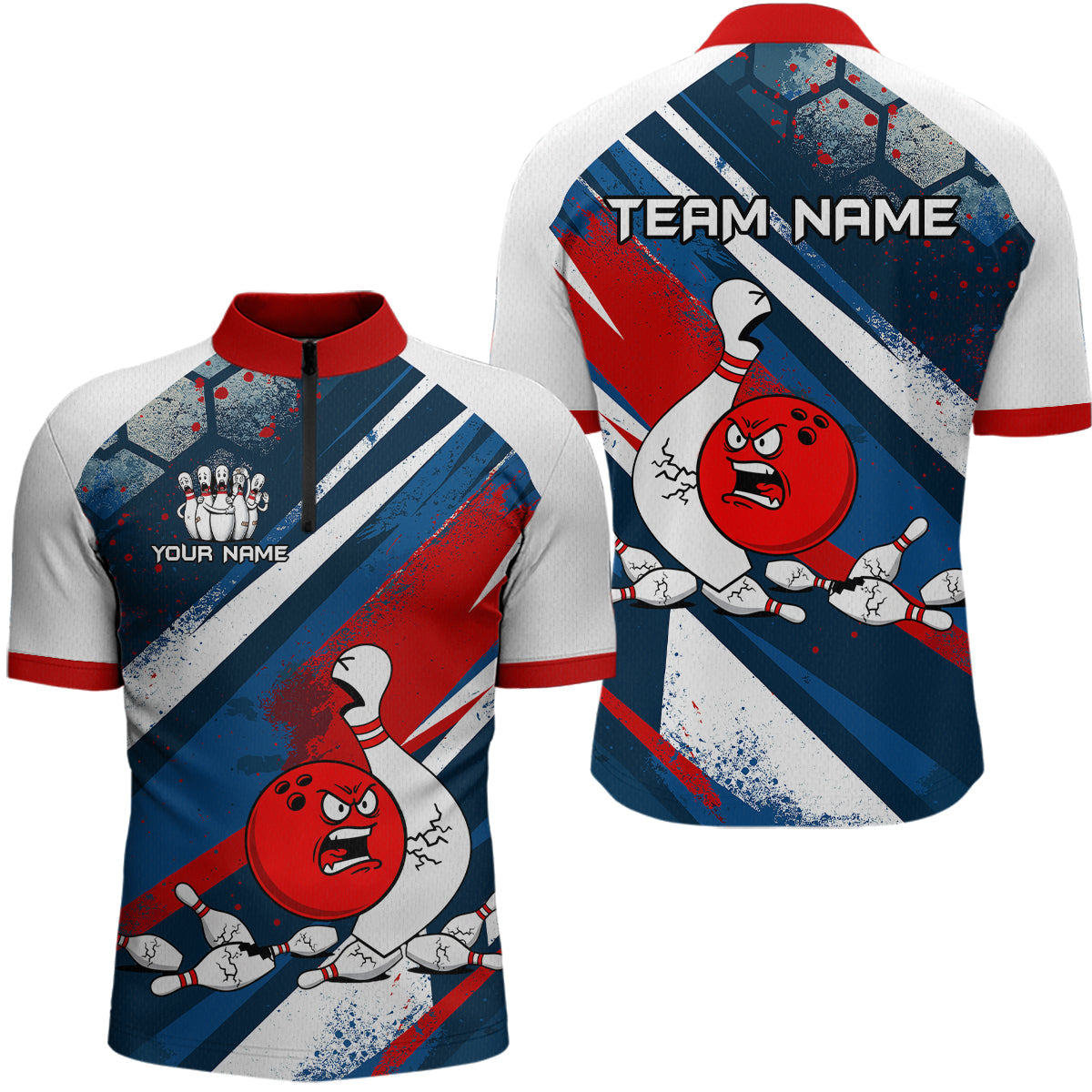 Red Blue & White Crazy Bowling Ball Pin Bowling Team Shirt Bowling League Jersey