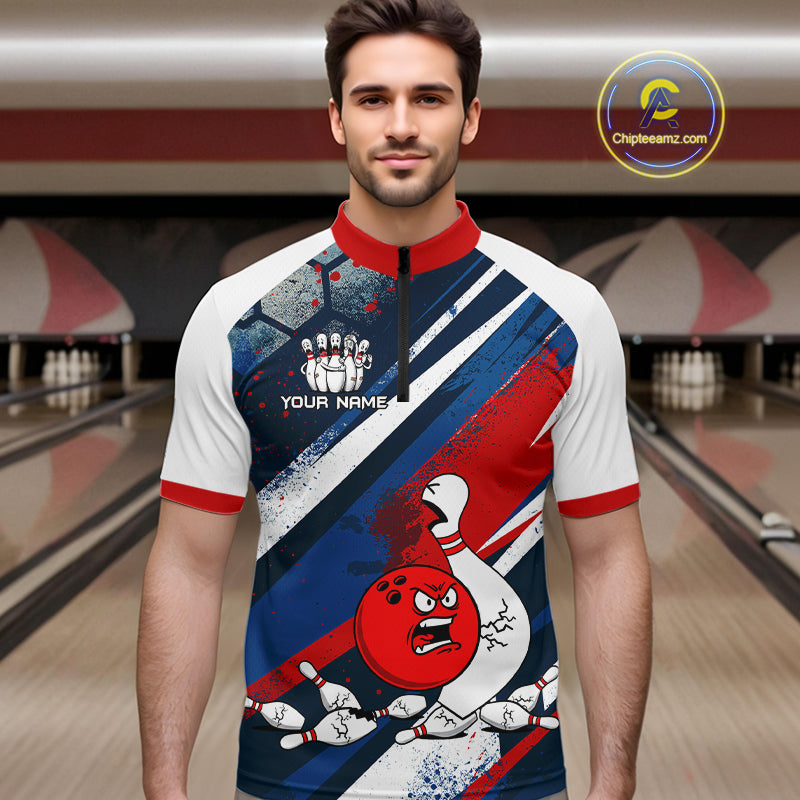 Red Blue & White Crazy Bowling Ball Pin Bowling Team Shirt Bowling League Jersey