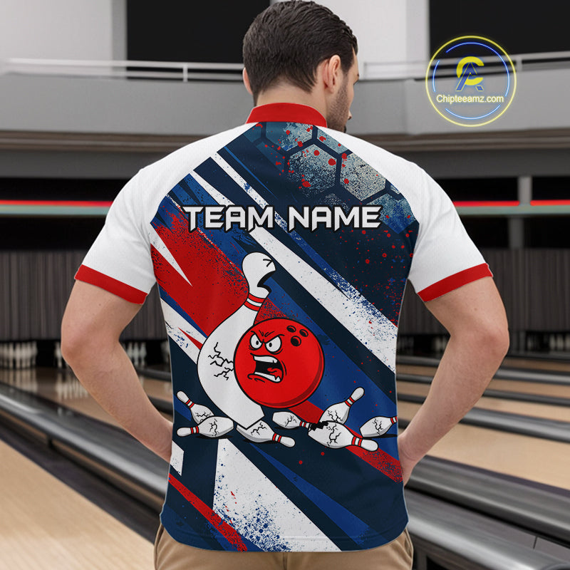 Red Blue & White Crazy Bowling Ball Pin Bowling Team Shirt Bowling League Jersey