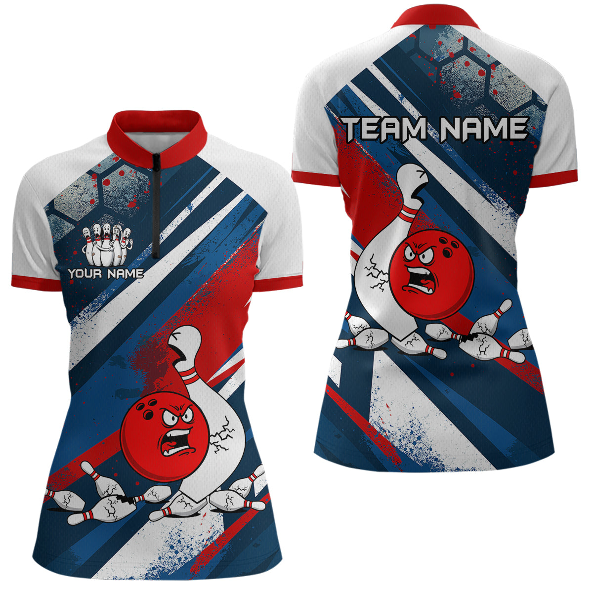 Red Blue & White Crazy Bowling Ball Pin Bowling Team Shirt Bowling League Jersey