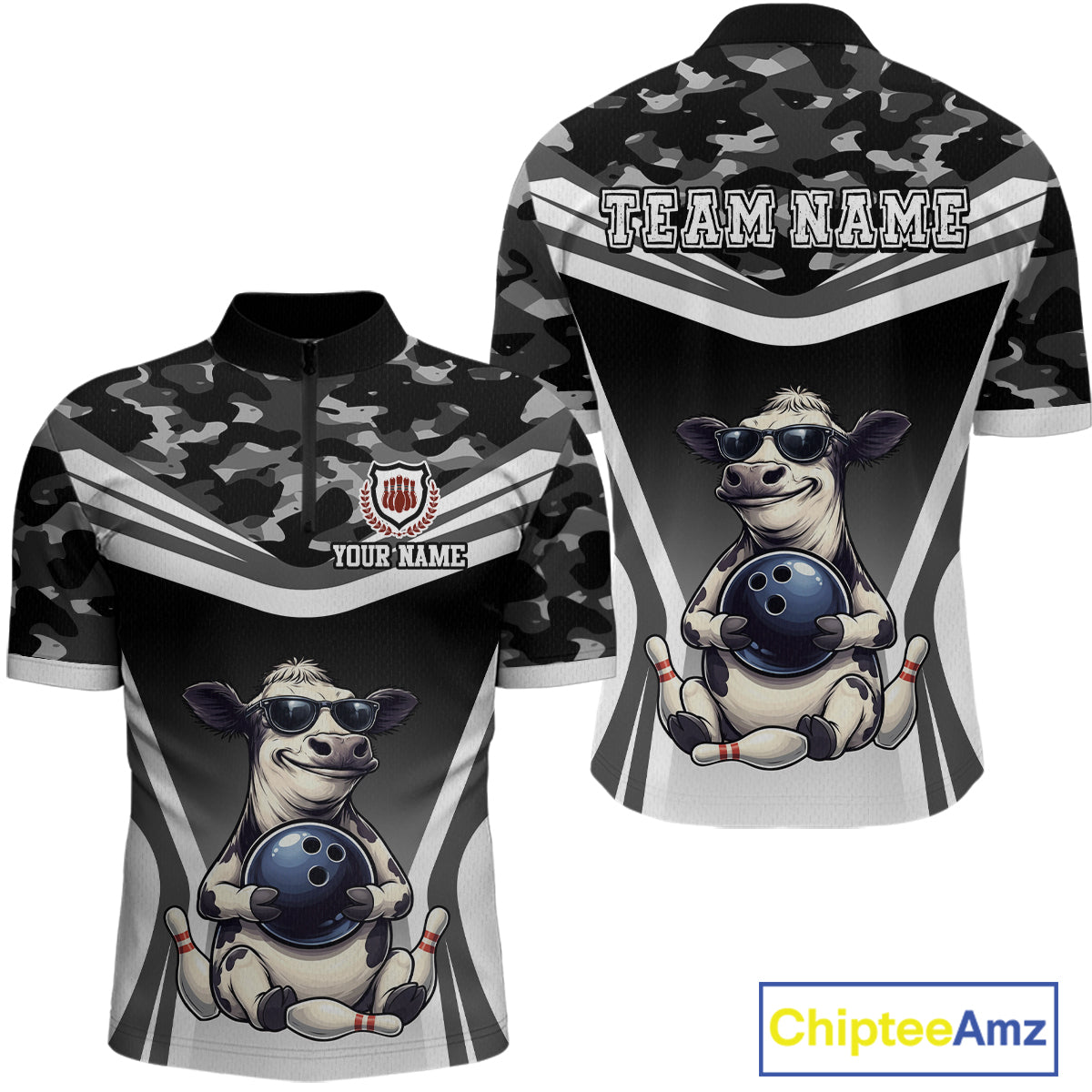 Custom Funny Cow Bowling Shirt Camo Bowling League Jersey Polo & Quarter-Zip