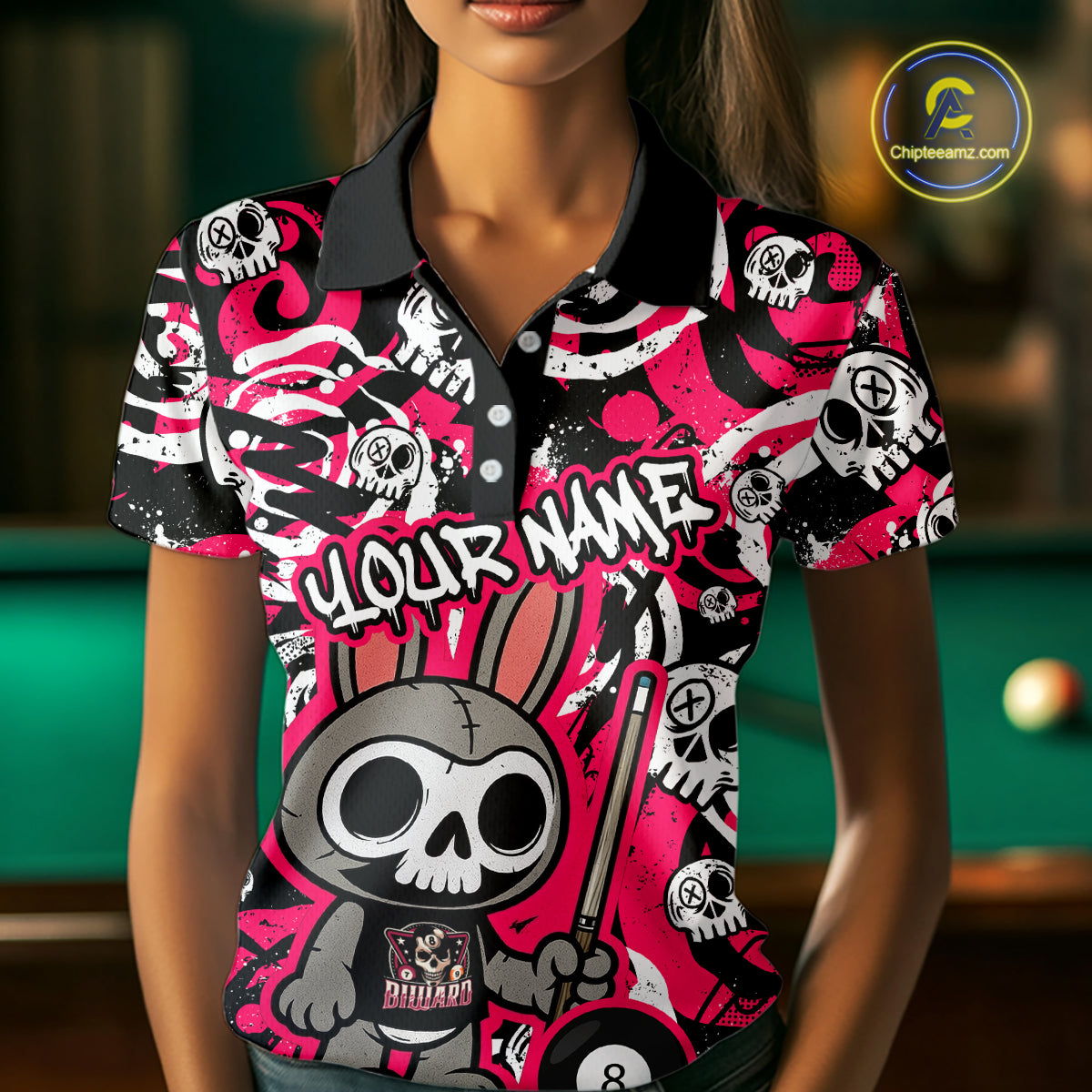 Custom Pink Skull Bunny Billiard Shirt Gothic Billiard Team Jersey Polo & Quarter-Zip