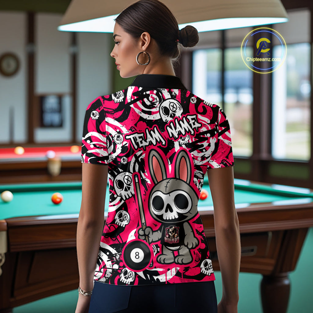 Custom Pink Skull Bunny Billiard Shirt Gothic Billiard Team Jersey Polo & Quarter-Zip