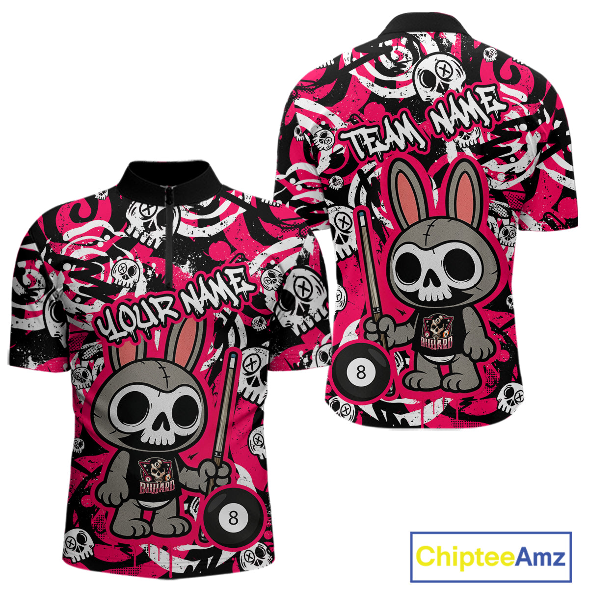 Custom Pink Skull Bunny Billiard Shirt Gothic Billiard Team Jersey Polo & Quarter-Zip