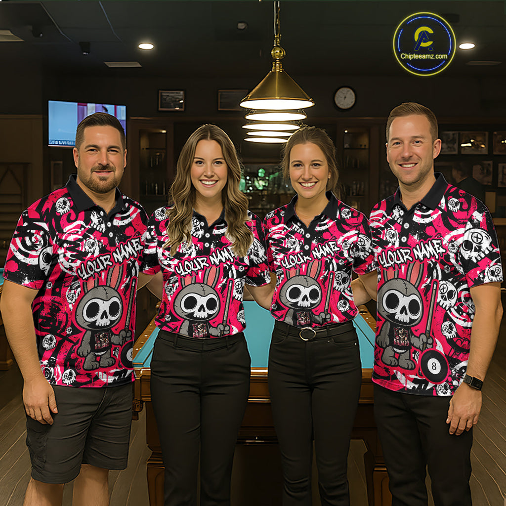 Custom Pink Skull Bunny Billiard Shirt Gothic Billiard Team Jersey Polo & Quarter-Zip