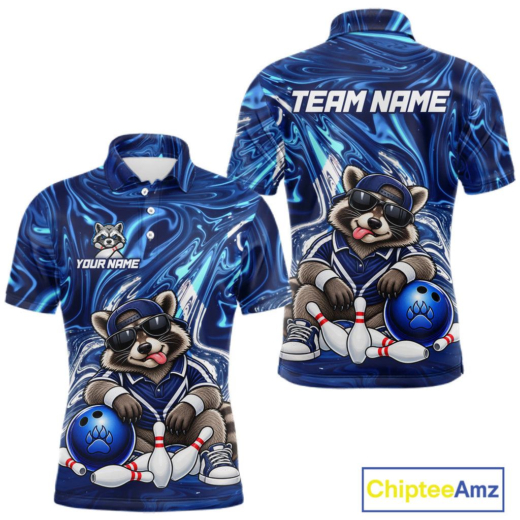 Custom Funny Raccoon Bowling Shirt Blue Bowling Jersey Polo & 1/4-Zip