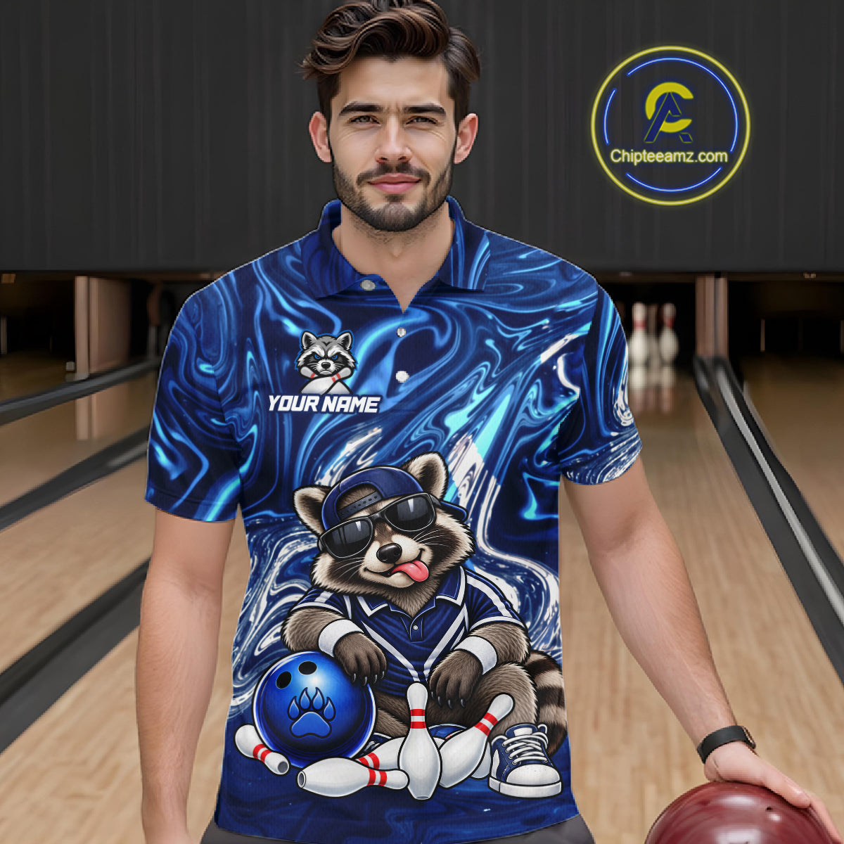Custom Funny Raccoon Bowling Shirt Blue Bowling Jersey Polo & 1/4-Zip