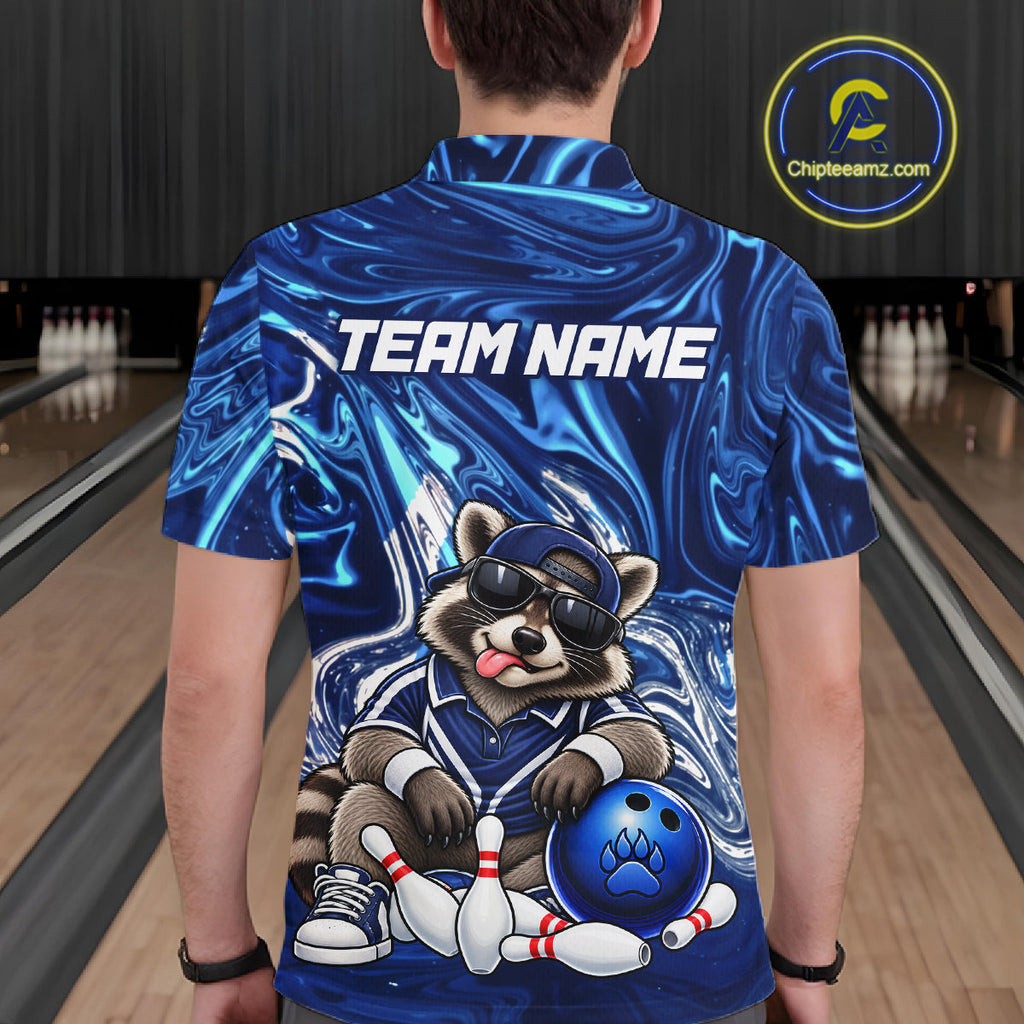Custom Funny Raccoon Bowling Shirt Blue Bowling Jersey Polo & 1/4-Zip