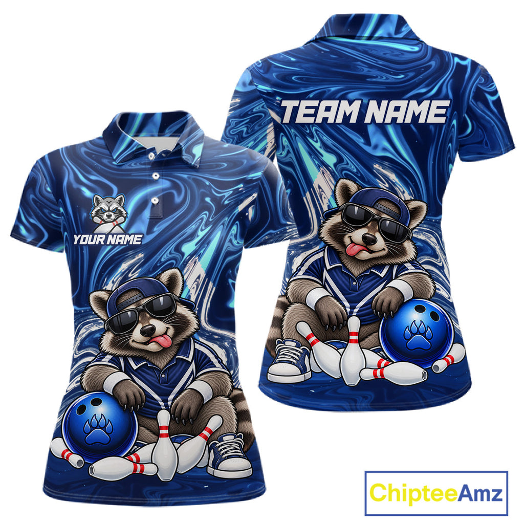 Custom Funny Raccoon Bowling Shirt Blue Bowling Jersey Polo & 1/4-Zip