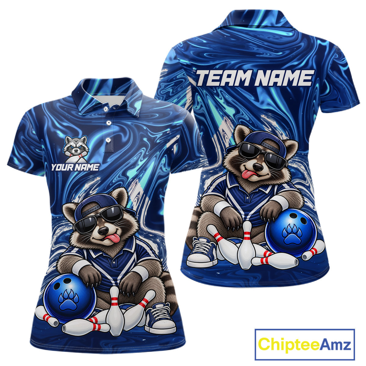 Custom Funny Raccoon Bowling Shirt Blue Bowling Jersey Polo & 1/4-Zip
