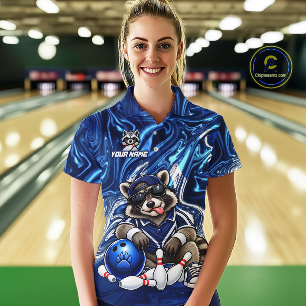 Custom Funny Raccoon Bowling Shirt Blue Bowling Jersey Polo & 1/4-Zip