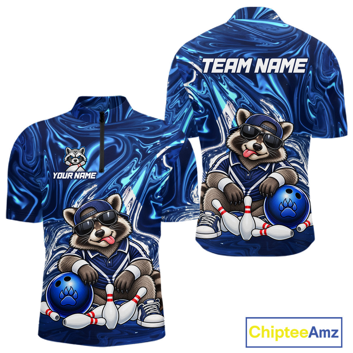 Custom Funny Raccoon Bowling Shirt Blue Bowling Jersey Polo & 1/4-Zip