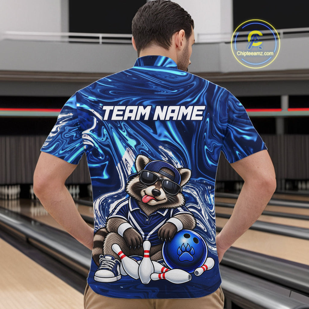 Custom Funny Raccoon Bowling Shirt Blue Bowling Jersey Polo & 1/4-Zip