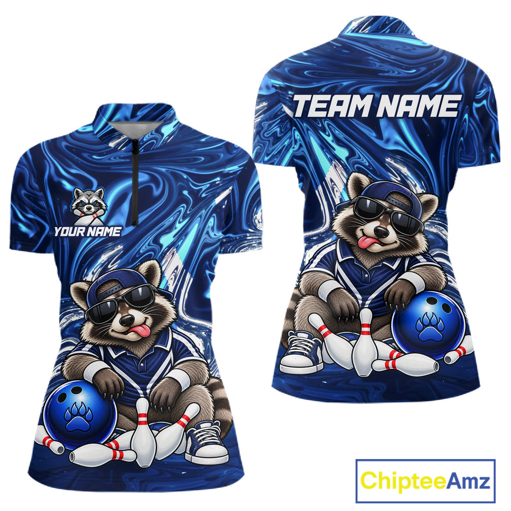 Custom Funny Raccoon Bowling Shirt Blue Bowling Jersey Polo & 1/4-Zip