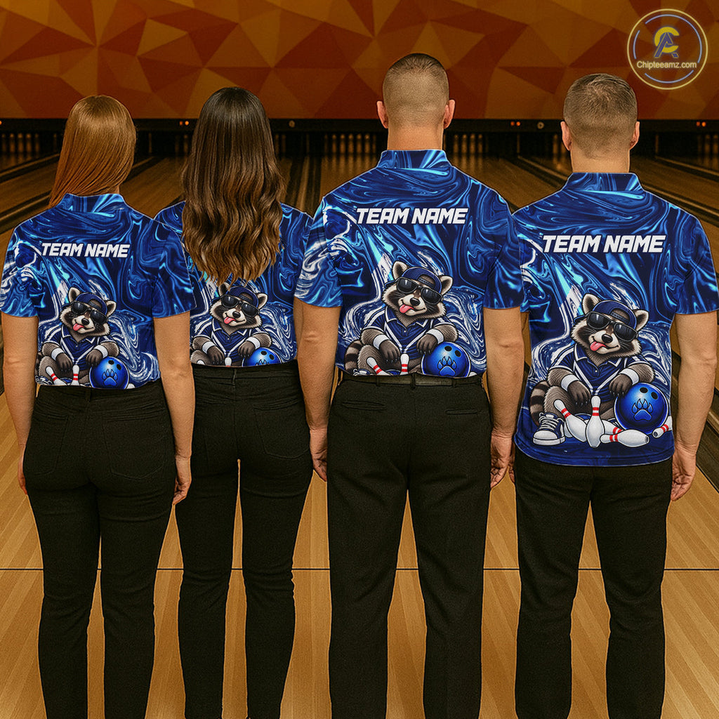 Custom Funny Raccoon Bowling Shirt Blue Bowling Jersey Polo & 1/4-Zip