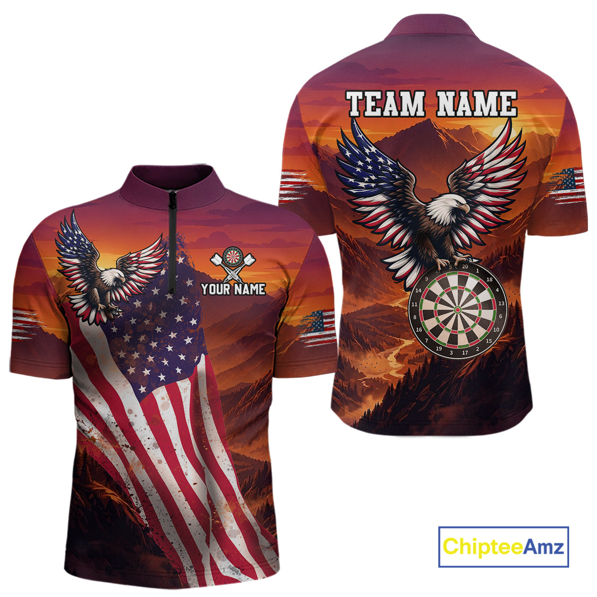 Sunset Tropical Dart Shirt American Flag Eagle Dart Team Jersey Polo & Quarter-Zip