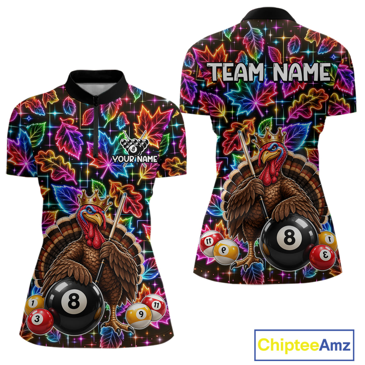 Custom Funny Turkey 8 Ball Billiard Shirts Team Neon Autumn Pool Jersey