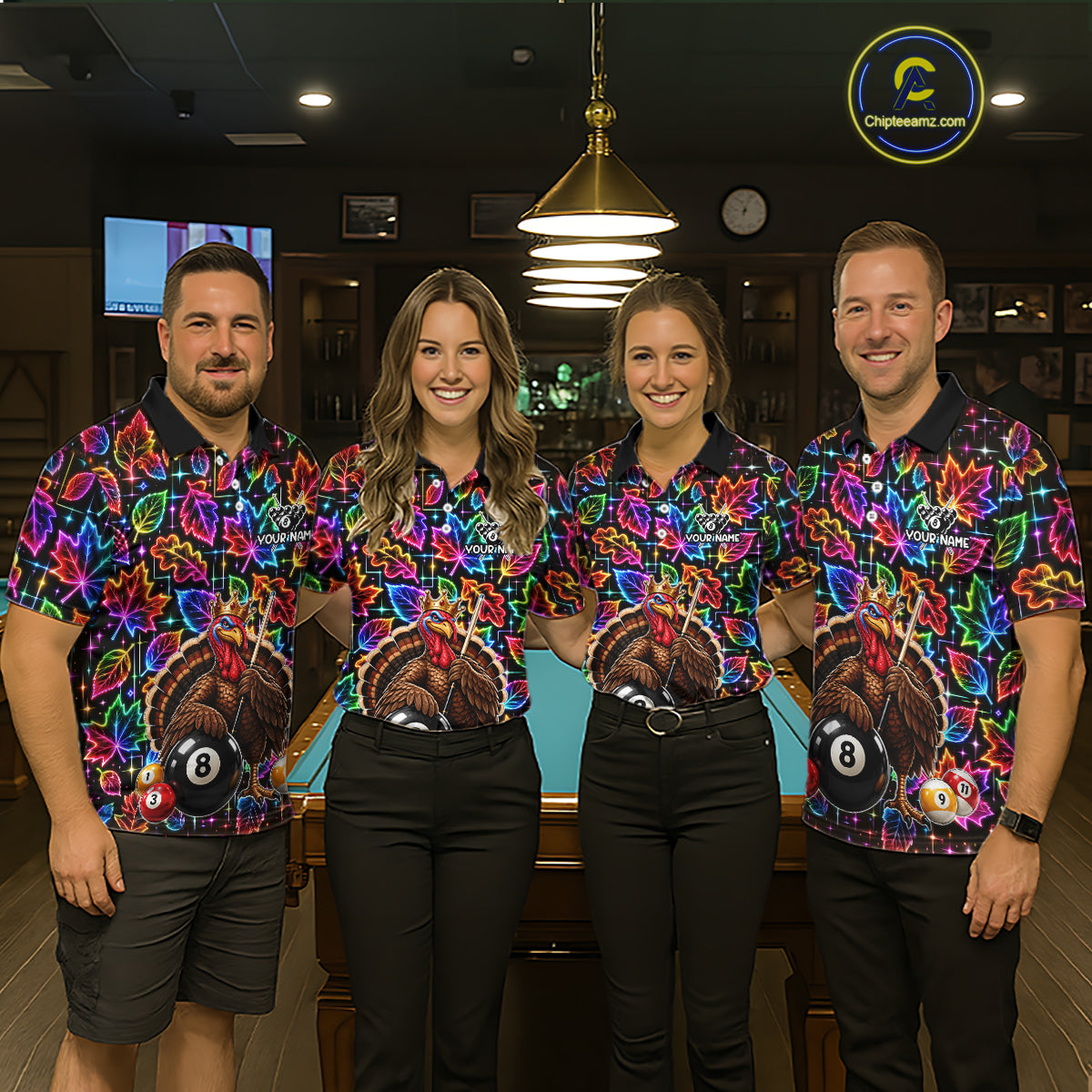Custom Funny Turkey 8 Ball Billiard Shirts Team Neon Autumn Pool Jersey