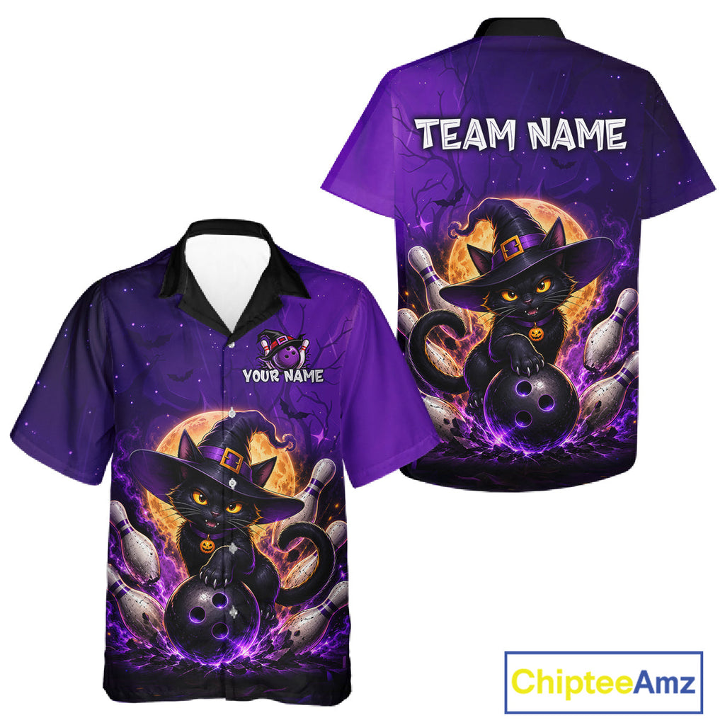 Custom Witch Cat Bowling Hawaiian Shirt Halloween Bowling Jersey and