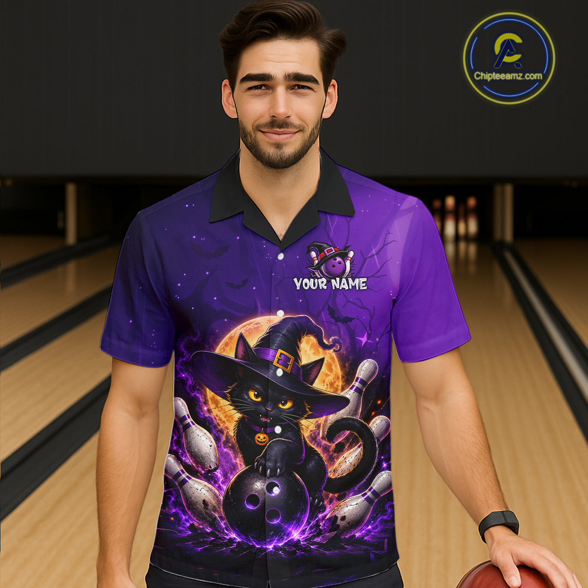 Custom Witch Cat Bowling Hawaiian Shirt Halloween Bowling Jersey and