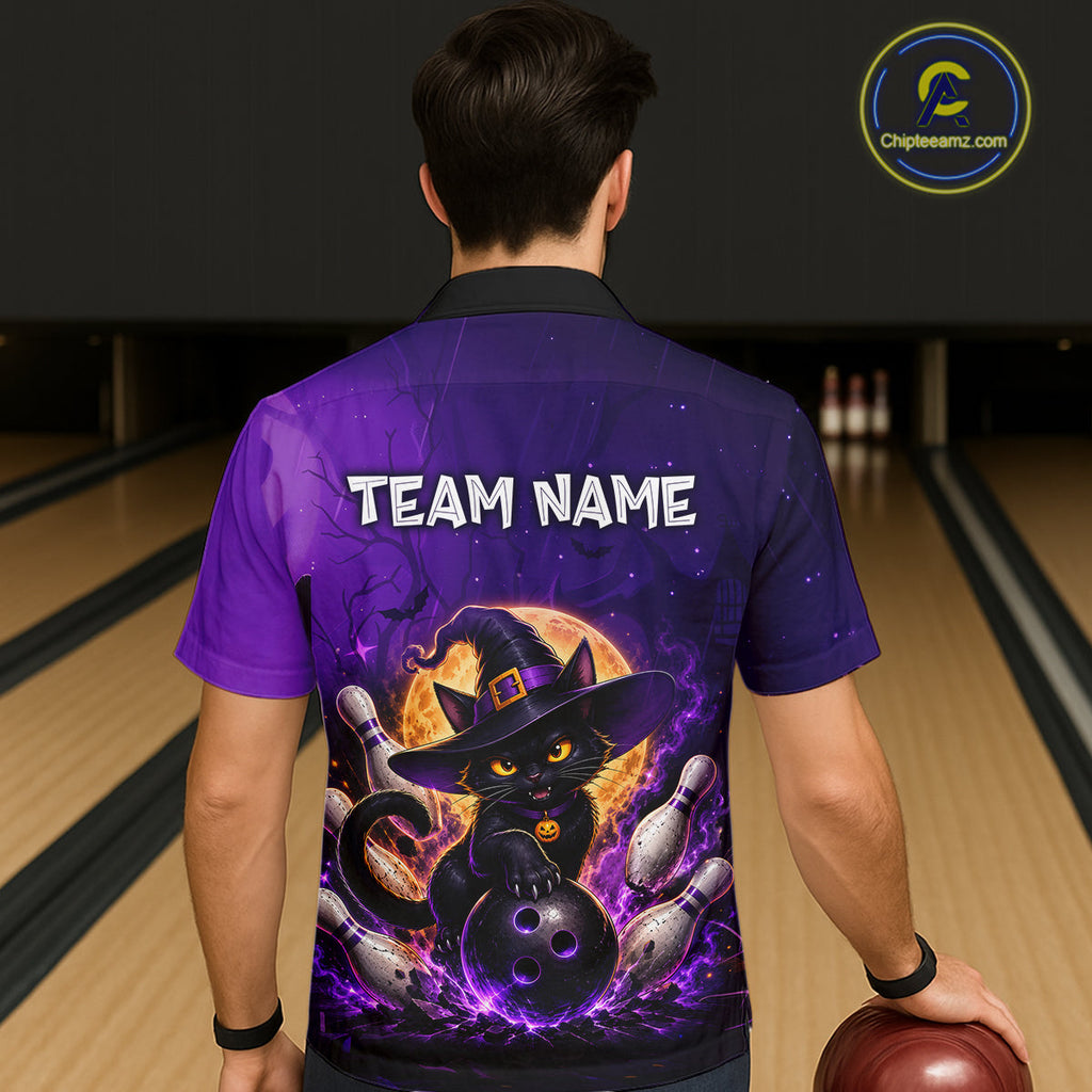 Custom Witch Cat Bowling Hawaiian Shirt Halloween Bowling Jersey and