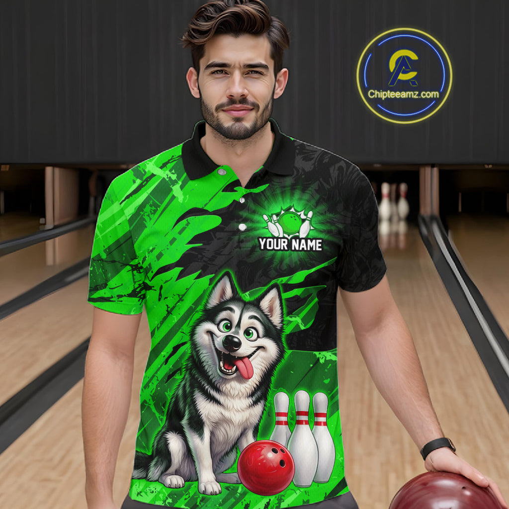 Custom Funny Husky Bowling Shirts Green Bowling League Jersey