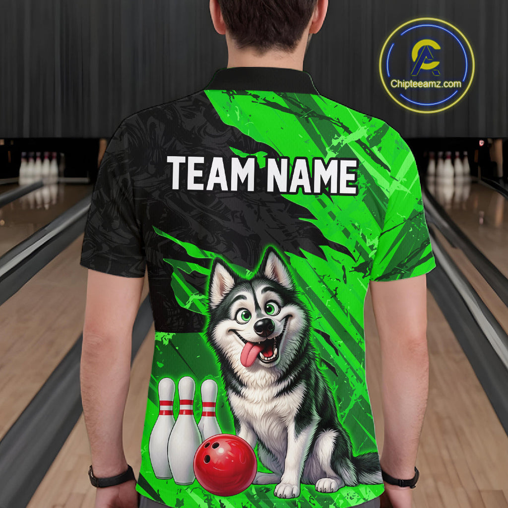 Custom Funny Husky Bowling Shirts Green Bowling League Jersey
