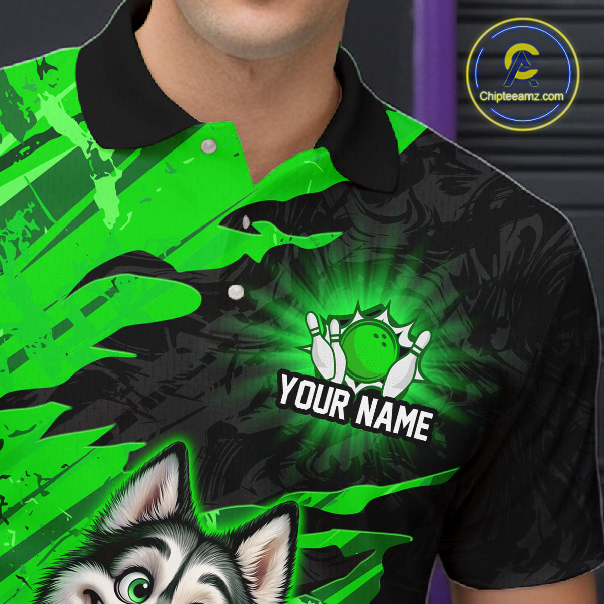 Custom Funny Husky Bowling Shirts Green Bowling League Jersey