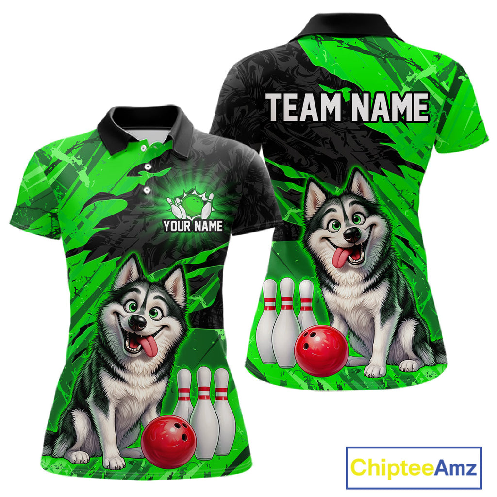 Custom Funny Husky Bowling Shirts Green Bowling League Jersey