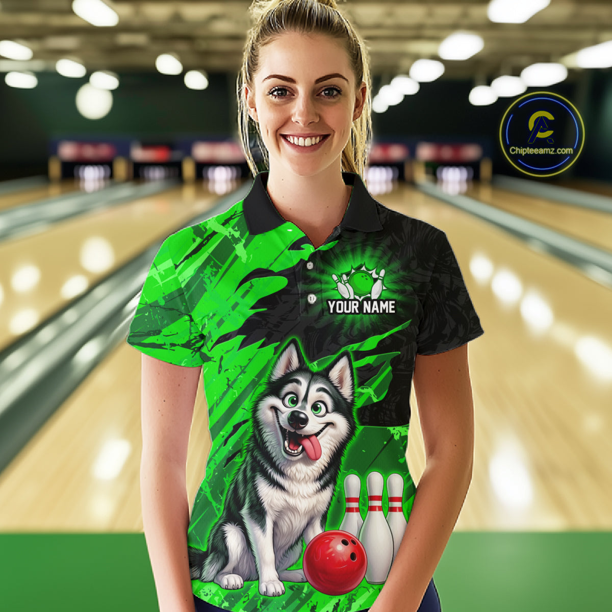 Custom Funny Husky Bowling Shirts Green Bowling League Jersey